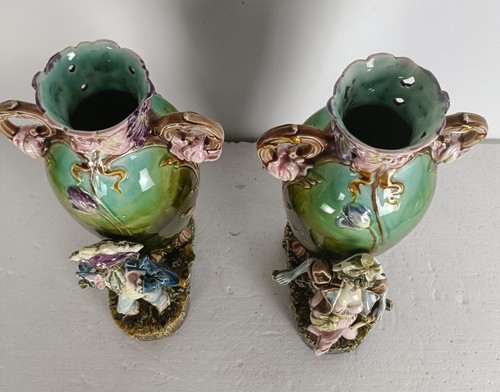Art Nouveau French Pair Barbotine Majolica Large Vases Lady Man Figurines Gorge - Picture 3 of 11
