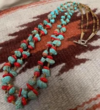 Ethnic multi-strands turquoise/sea coral nuggets necklace(t312a-w2.5)