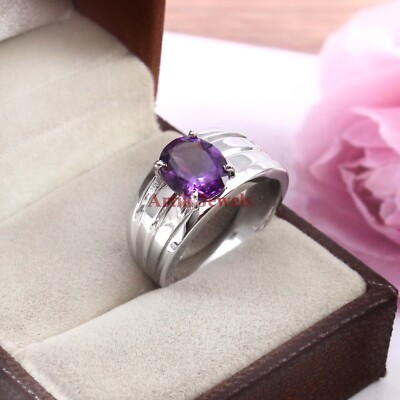Natural Amethyst Gemstone with 925 Sterling Silver Ring For Men's