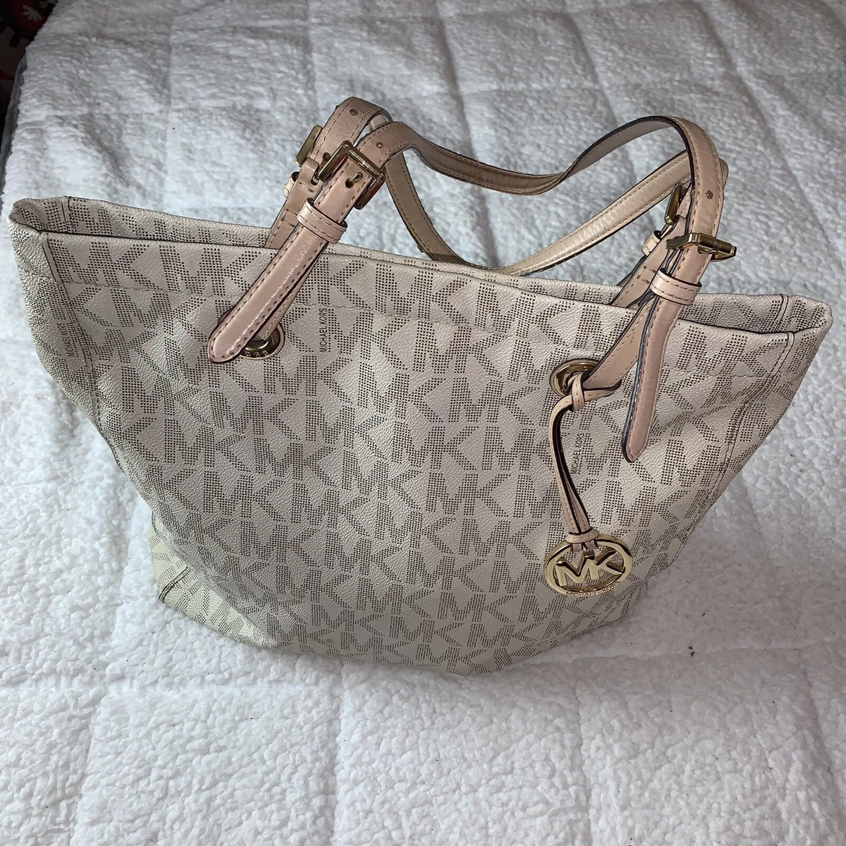 MICHAEL KORS KENLY LARGE NS TOTE BAG MK CREAM BEIGE SIGNATURE Real Deal