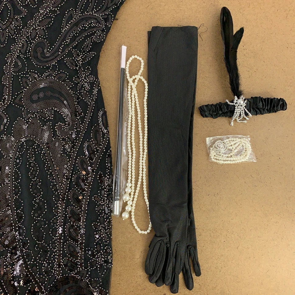 Conjunto de 9 piezas de vestido y accesorios grande de lentejuelas con flecos y flecos para mujer Foto 3 de 4