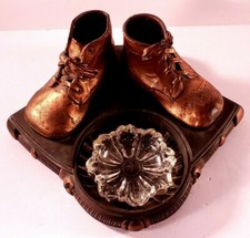 VNTG 1940s Bronze Baby Shoe Trinket / Ashtray w/ Clear Glass Starburst Ashtray