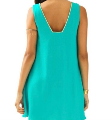 lilly pulitzer owen silk trapeze dress Lilly Pulitzer Owen Dress Size XS Trapeze Shift Embroidered Blue Gold Embellishe