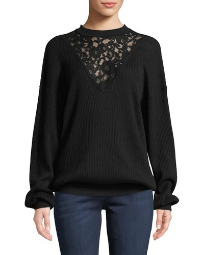 See by Chloe Ribbed Wool Lace Inset Sweater S Black