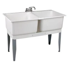MUSTEE Plastic Laundry Tub 46 x 34 in. Double Basin Utility Sink White w/ Faucet