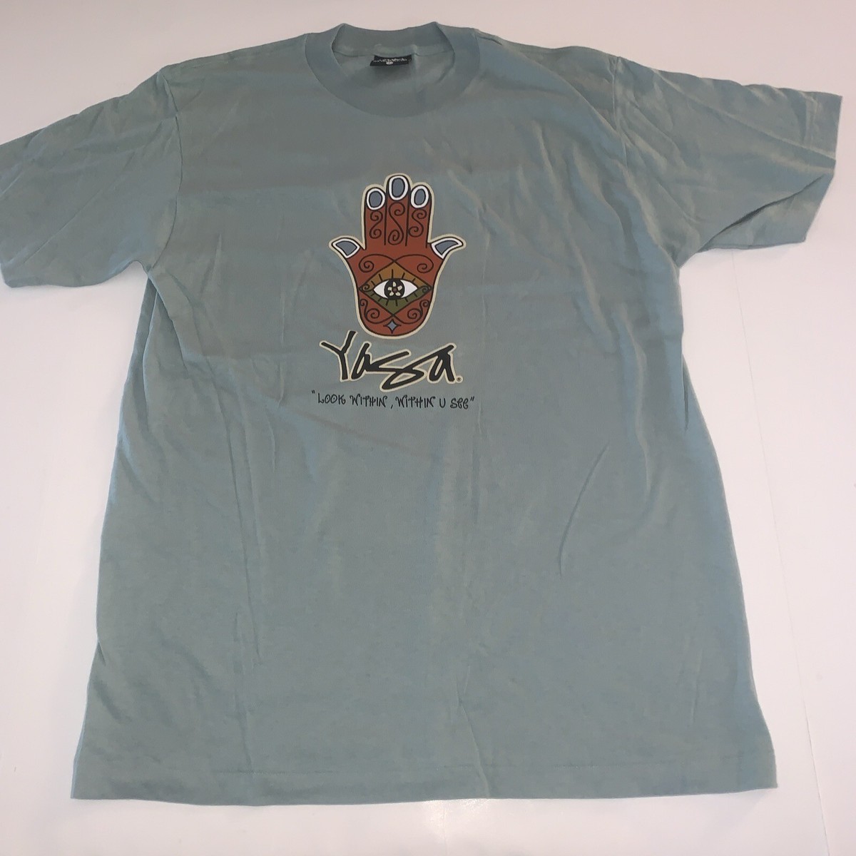 トップス YAGA Print Tee MADE IN USA XL Vtg Yaga T-Shirt L Drk Tan 90s World Rootz Threadz Surf