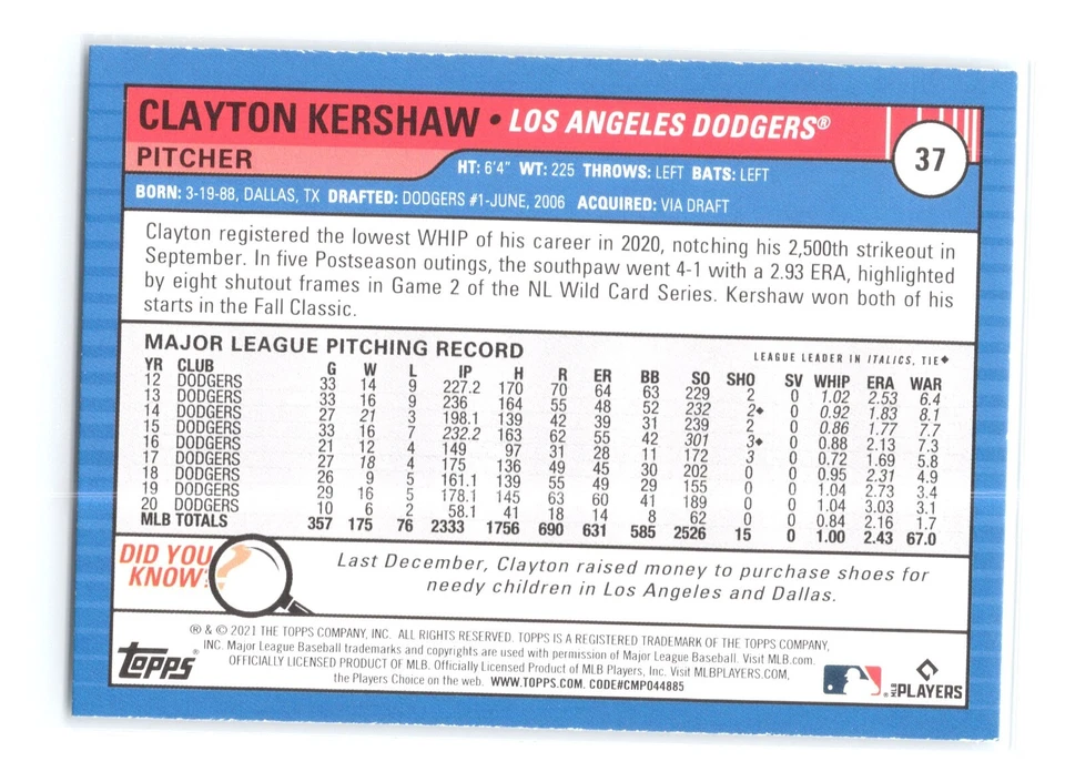 2021 Topps Big League - Veterans & Rookies #37 Clayton Kershaw - Image 2 of 2