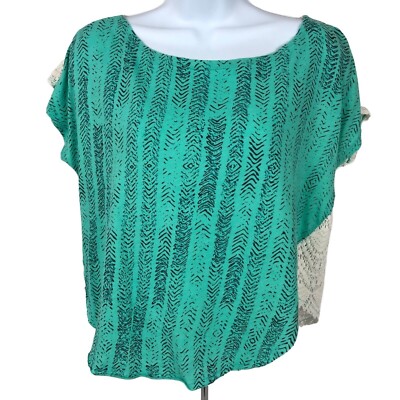 Friends 4 Thoughts Top Women Size S Green with White Crochet Back Short Sleeves