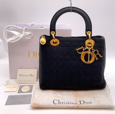 Auth Christian Dior Lady Dior Cannage Quilted Canvas Black Handbag W/D NS071709