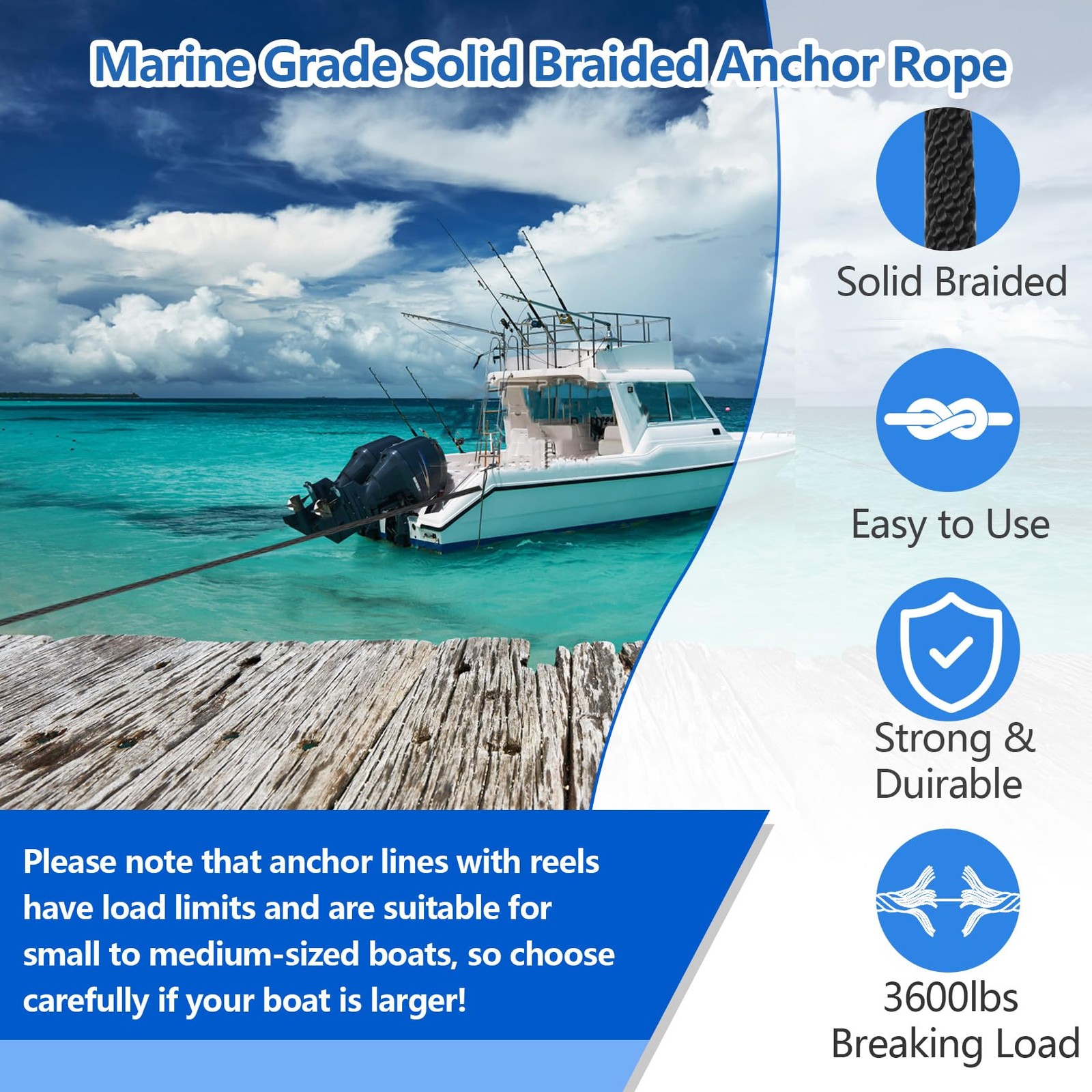 Anchor Rope 150 FT x 3/8 Inch Premium Solid Braid MFP 316 Stainless Black