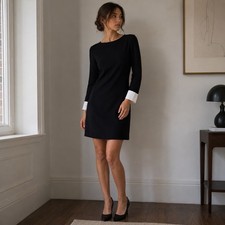 Theory Amszia Sheath Dress Size 2 Long Sleeve White Cuff Crepe Black Workwear