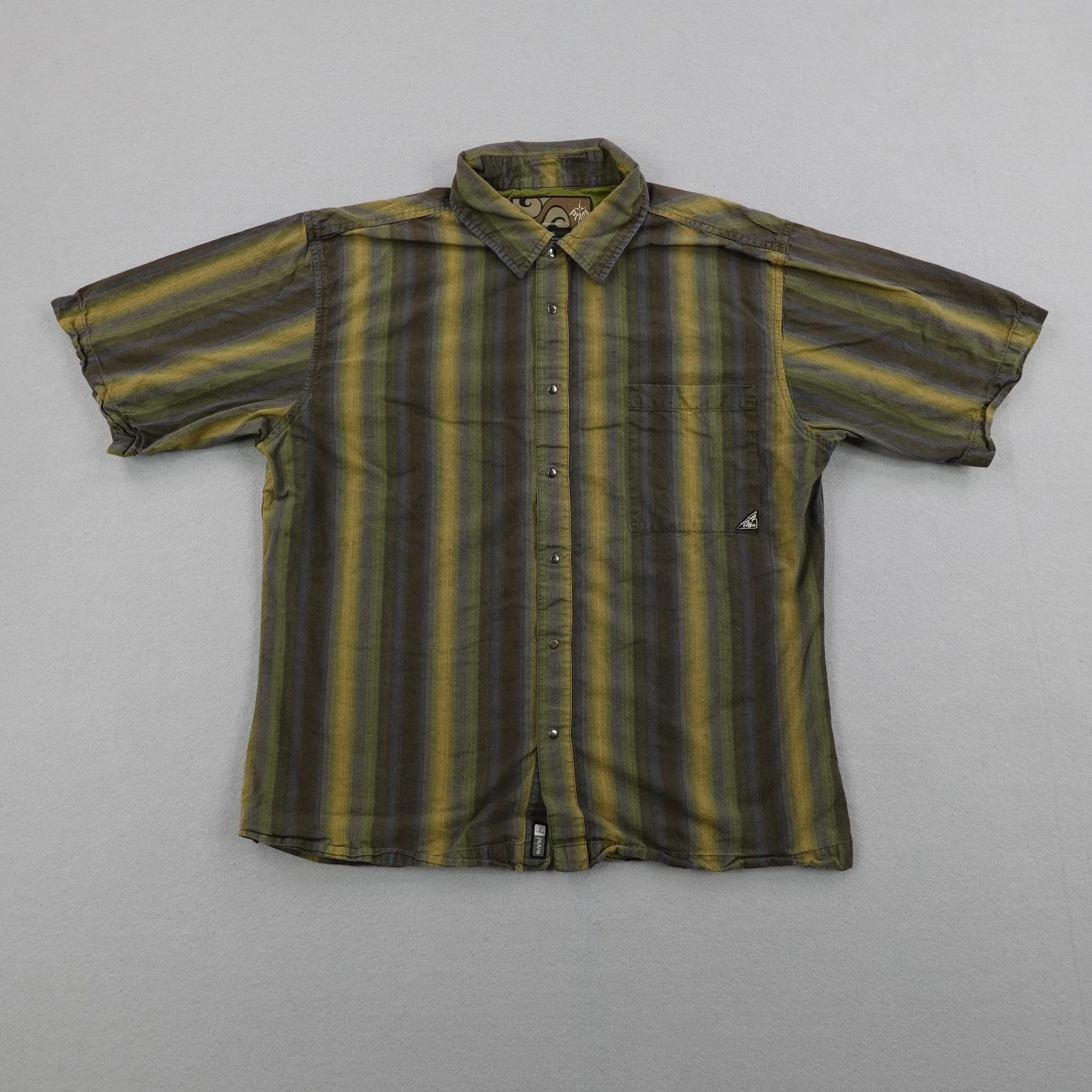 PrAna Shirt Mens XL Green Yellow Stripes Pearl Snap Hiking Trail Short Sleeve