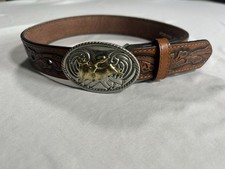 Nocona Bronco Bull Rodeo Tooled Leather Belt Kids Size 20 Brown Western