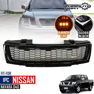 For Nissan Navara Frontier D40 05-09 Front Grille Gloss Black Amber LED W/o Logo