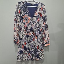 Express Floral Long Sleeve Dress Navy Blue Coral V-Neck Elastic Waist M