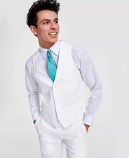 Bar III Men's Slim Fit Linen Suit Vest in White-Small 32-34R