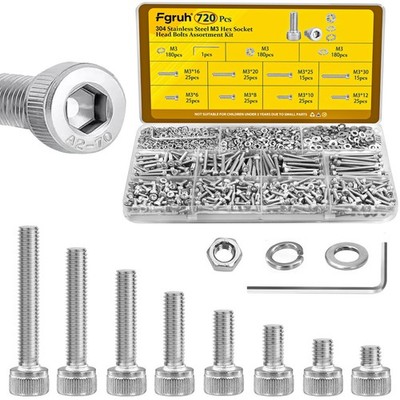 Fgruh 720pcs M3 Screws Assortment kit, Hex Socket Head Cap Bolts, Nuts & Wash...