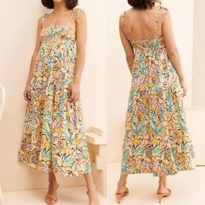 ASTR Colorful Marlene Smocked Milkmaid Linen Maxi Sun Dress Large Resort Beach