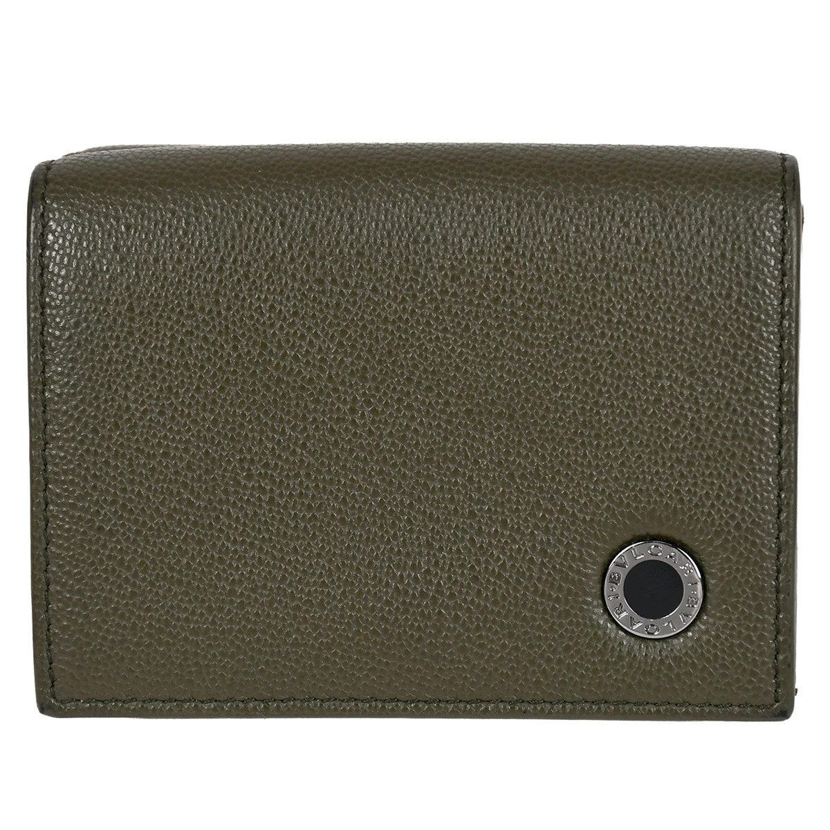 BVLGARI Man Tri-fold Wallet Leather Khaki Green Burgundy Used