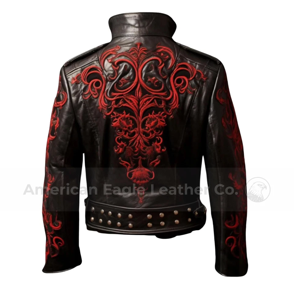 Chaqueta de Cuero Steampunk Gótica Negra Militar Dragón Rojo Bordado Punk Rock Foto 2 de 4