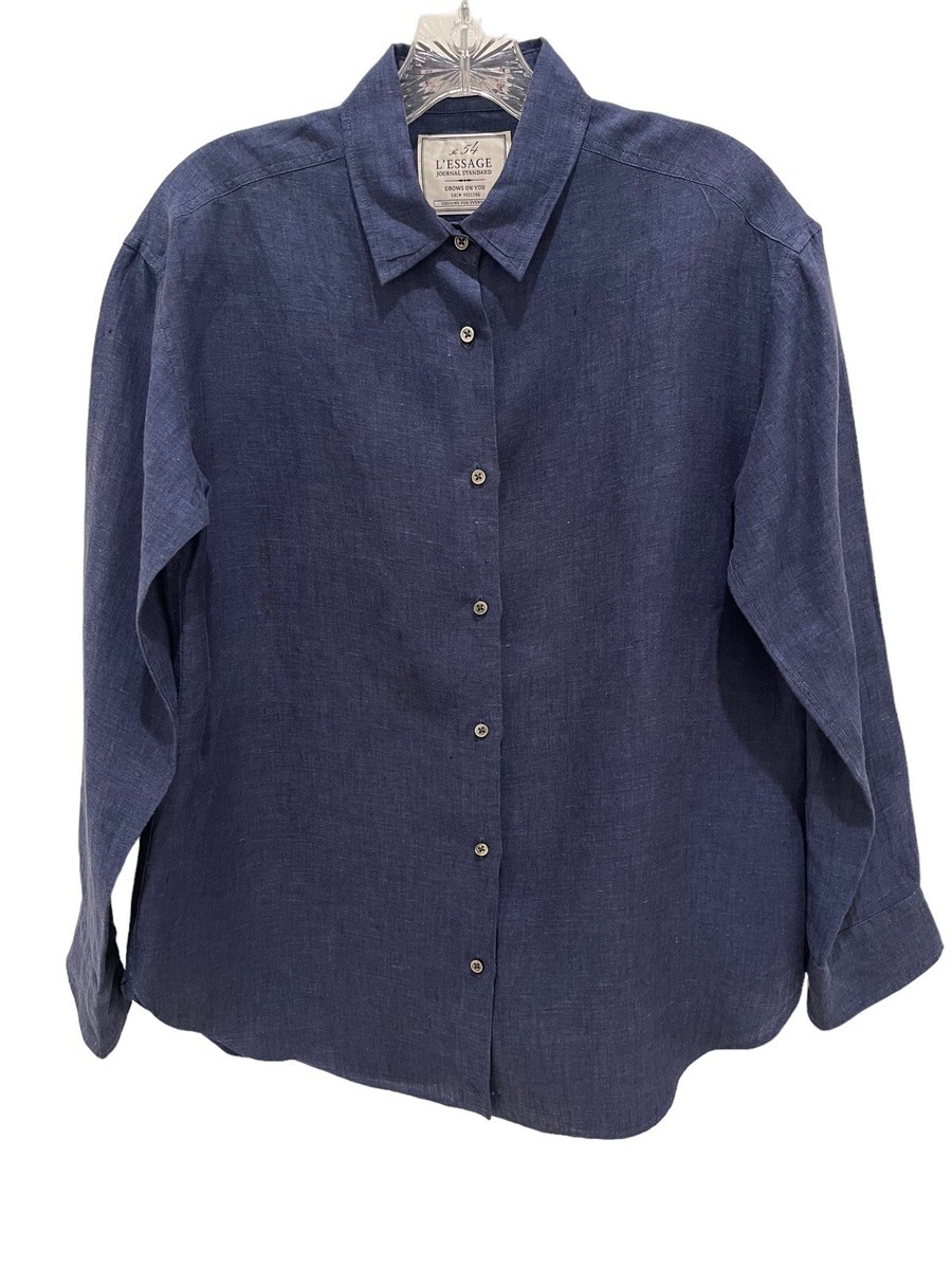 JOURNAL STANDARD L'ESSAGE Navy Blue 100% Linen Button Down
