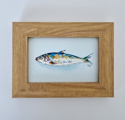 Original Ölgemälde Stillleben Kunstwerk Fisch Sardine Essen Küche Kunst gerahmt