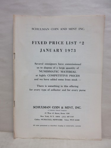 Schulman Coin & Mint Fixed Price List #2 Jan 1973 World Foreign Coins Catalog