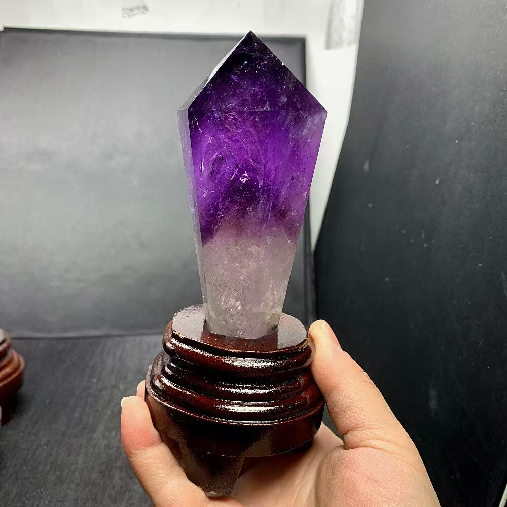 415g Natural Amethyst Quartz Obelisk Crystal Tower Point Wand with Stand for Reiki Healing