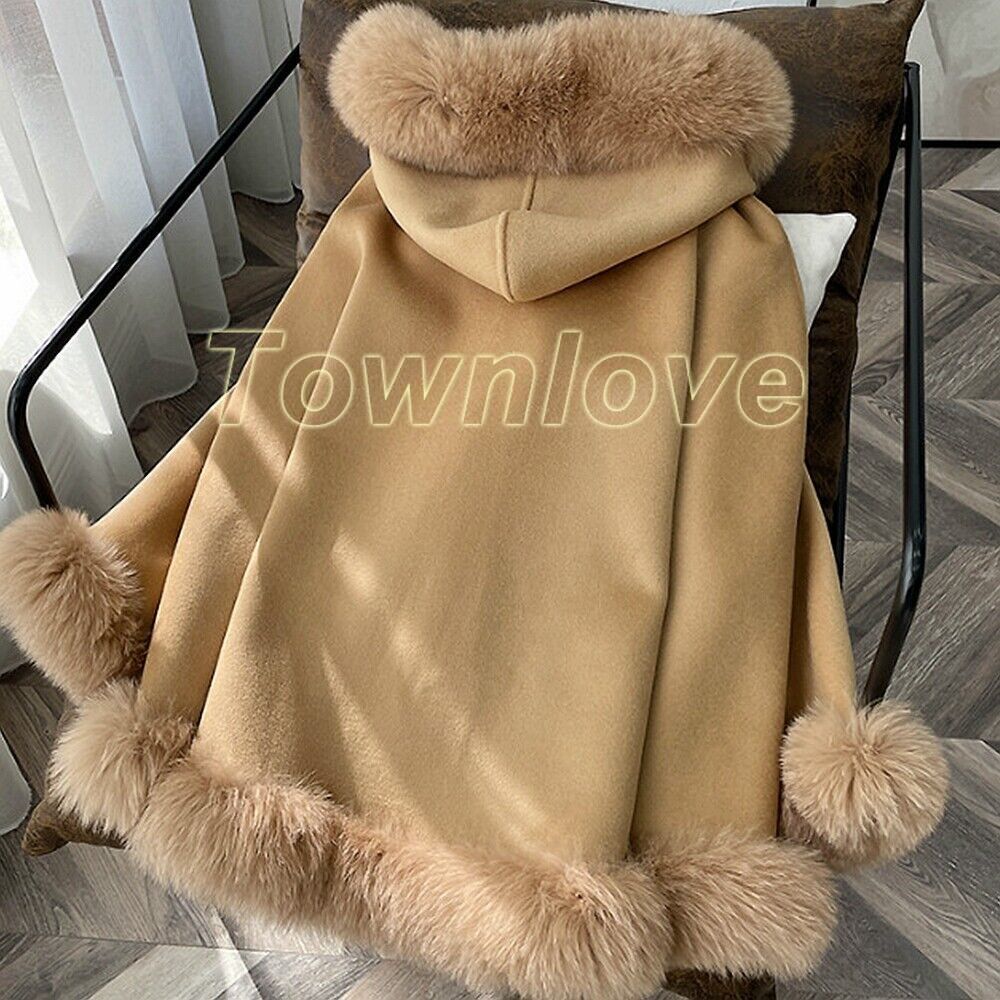 100% Real Fox Fur Shawl Cloak Wool Poncho Fur Coat Hooded Jacket