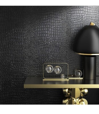 39.4 Ft x 17.7'' Crocodile Wallpaper Lavish Black Matte Crocodile Textured Wa...