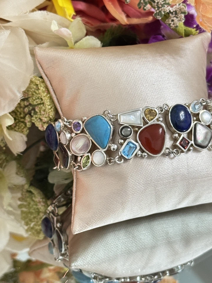 Sterling Silver 925 Multi Gemstone Multi Color Panel Chain Tennis Bracelet 8” - Image 3 of 4