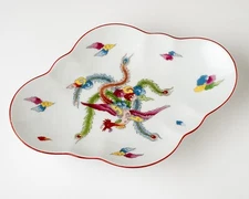 JYOTO CHINA PHEONIX BIRDS PATTERN SCALLOPED PEDESTAL SERVING DISH 12 x 8.5 inch