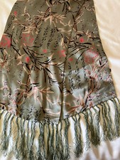 100 Silk Green Leaves print tasseled rectangular scarf 10,5x42