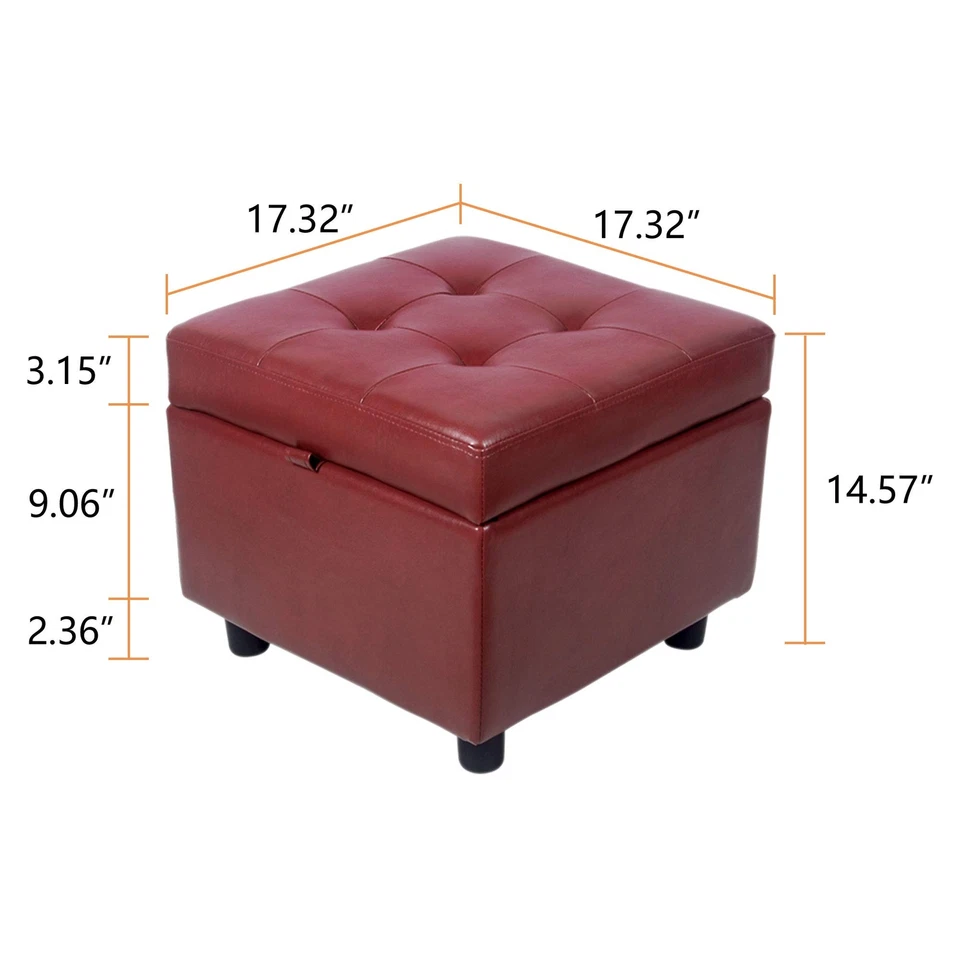 Leather Storage Ottoman Bench Foot Rest Stool Red Cube For Bedroom Living Room - Image 3 of 4