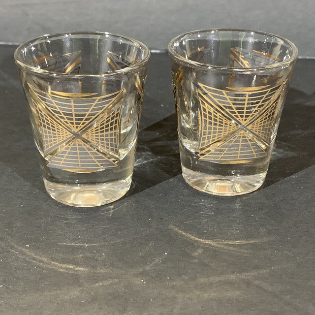 Vintage Black & Gold Pair of Shot Glasses Unique  Print Design Mid