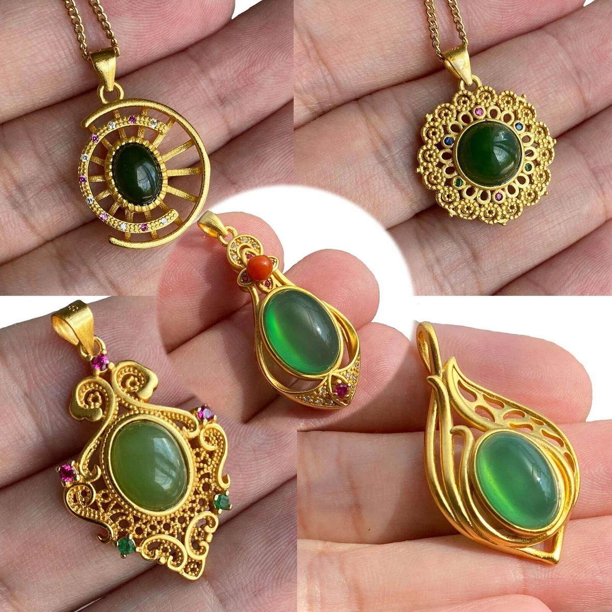 Dainty Womens Gold Plated Silver Natural Genuine Green Jade Pendant Necklace  | eBay