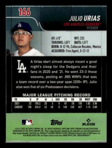 2022 Stadium Club Chrome #166 Julio Urias - Picture 2 of 2