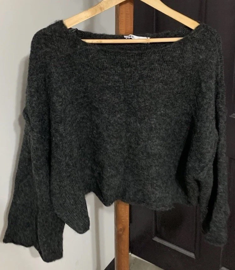 Zara Grey Wool Blend Knit Jumper Womens S Cropped Oversized Fuzzy Fluffy Sweater