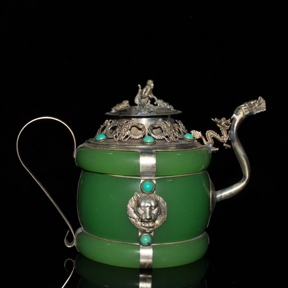 Tetera de 5,9" China antigua con incrustaciones de jade arcaico con incrustaciones de piedras preciosas de bronce de plata Foto 2 de 4