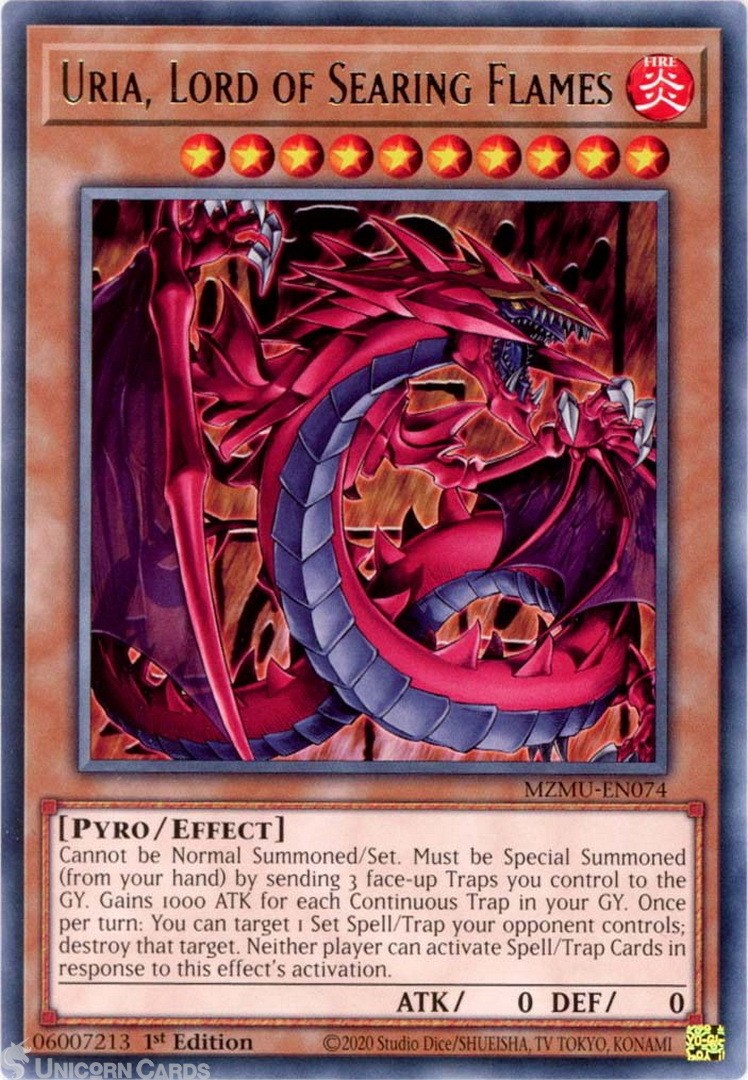 MZMU-EN074 Uria, Lord of Searing Flames : Rare 1st Edition Mint YuGiOh Card