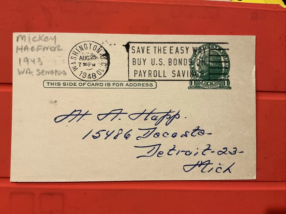 Mickey Haefner🔥🔥MLB Debut: 1943 Washington Senators 🔥🔥Auto Postcard 🔥🔥🔥 - Image 2 of 2