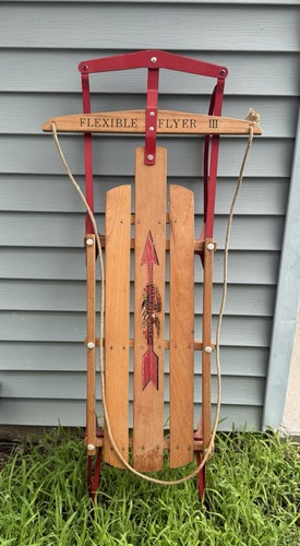 Vintage Flexible Flyer III 55" Wood & Metal Sled Red Rails Solid