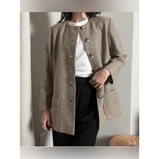 VTG taupe sand brown wool button preppy lady blazer jacket coat Herringbone m
