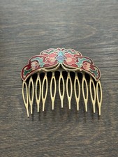 VTG Cloisonne Enamel Gold Hair Comb Flowers Pink Purple Blue Green Black