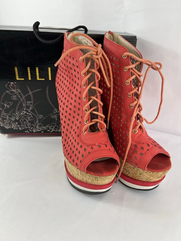 Sandalias con cordones de cuña LILIA Felicia-12 Coral Peep Toe talla 9 - Usadas Foto 3 de 4