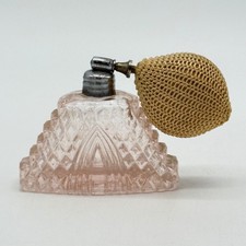 Art Deco 1930s Peach-Pink Bohemian Glass Perfume Atomizer Bottle w/Diamond