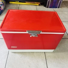 Vintage 1984 Coleman Red Ice Chest Metal Cooler Box  22.5” X 16” X 13.5”