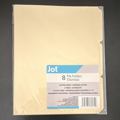 Jot Top Tab File Folders Letter 1/3-Cut Tabs Manila 8 Pack Assorted