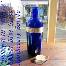 Antique Victorian Cobalt Blue Apothecary Bottle "Essence Of Vanilla" with Label.