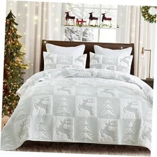  Christmas Velvet Quilt Queen Size - 3Pcs Quilt Set with Xmas Tree Reindeer 